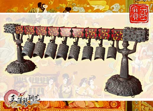 8件古編鐘，銅人銅座裝飾，可發(fā)音